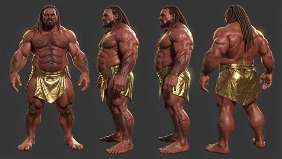 Sequel sneak preview — a colossal red-skinned figure in a gold loincloth, shown from four angles
