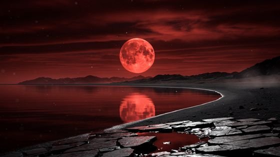 Sequel sneak preview — a blood-red moon over a still dark lake and cracked shore